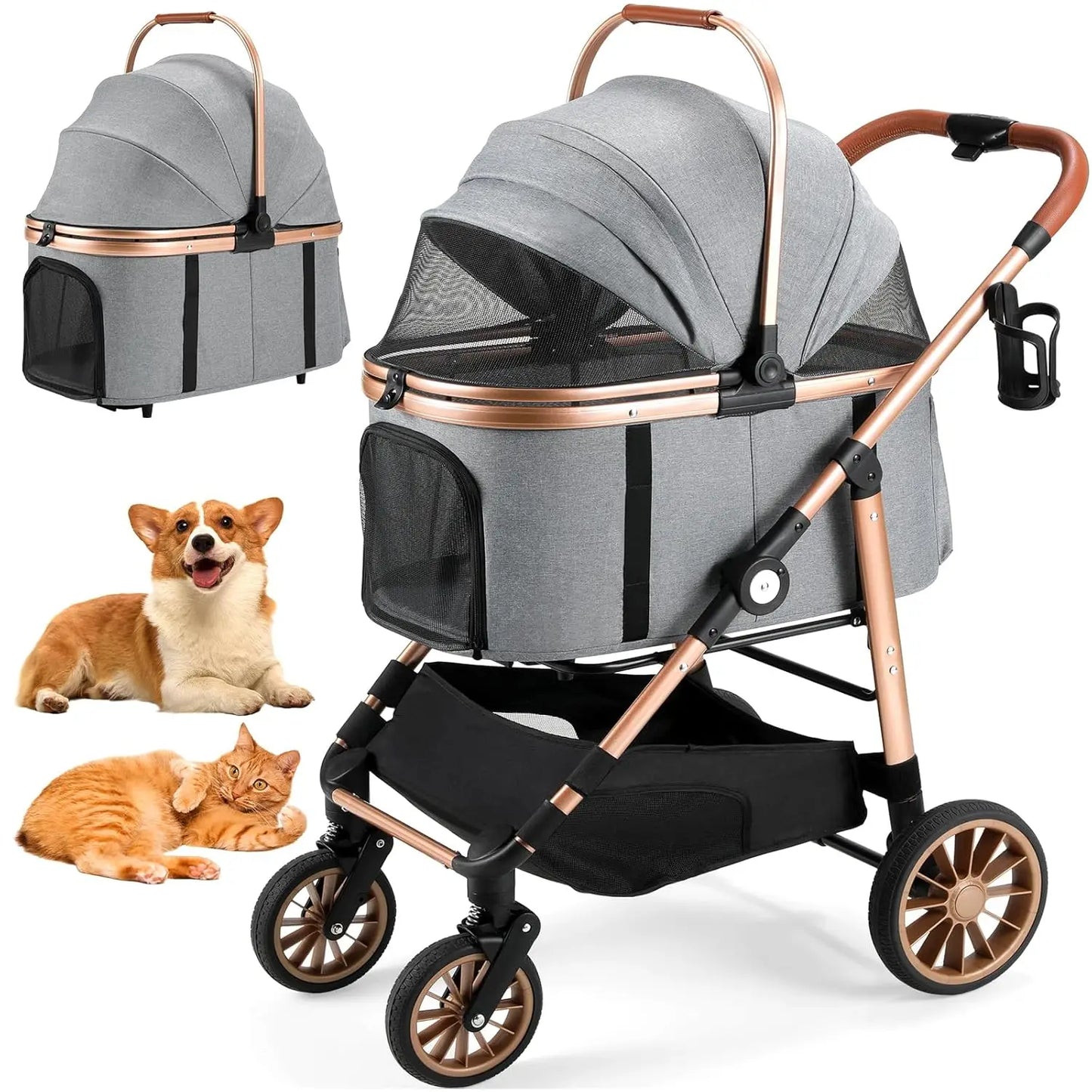 Foldable 2-in-1 Pet Stroller with Car Attachment