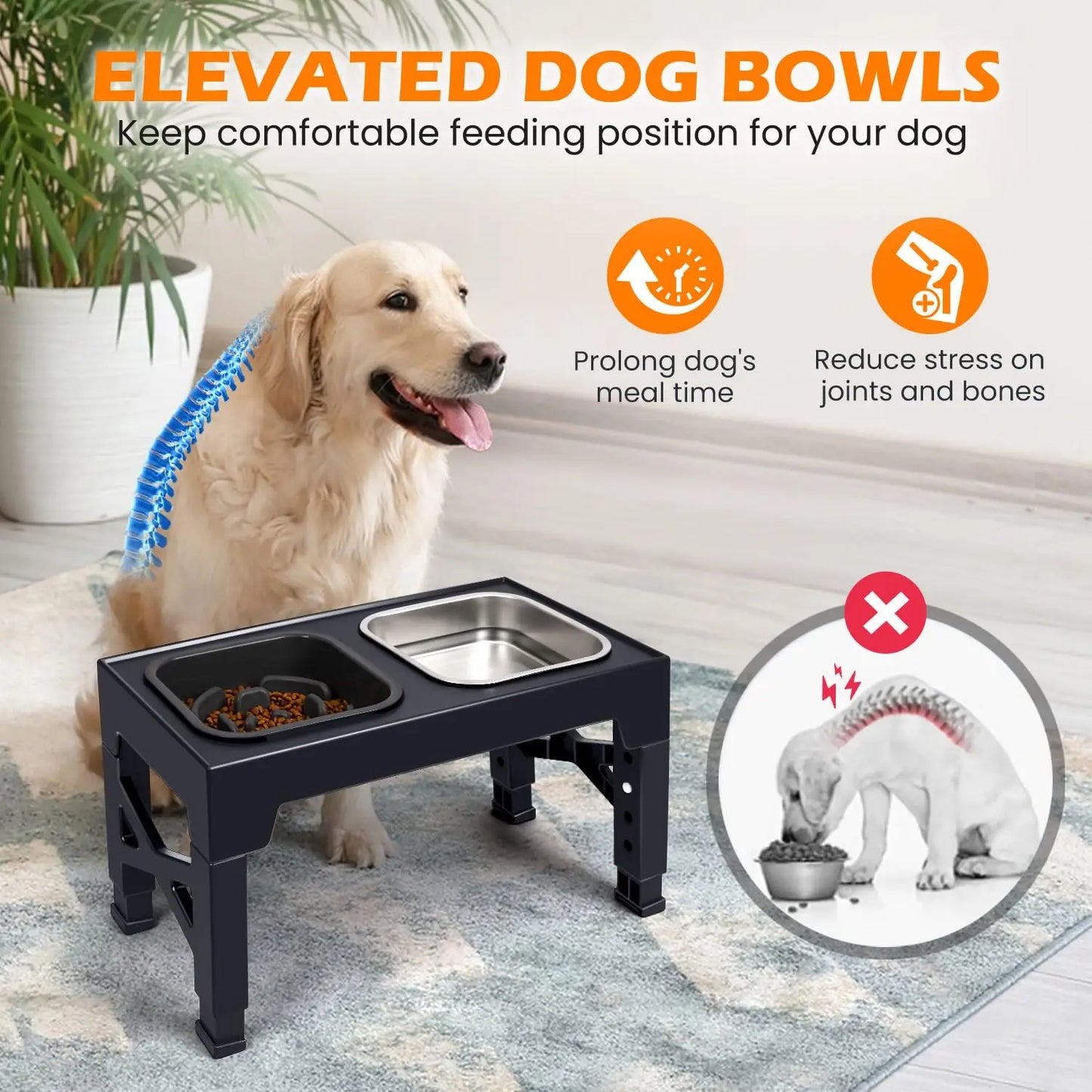Elevated Slow Feeder Dog Bowls with Foldable Stand