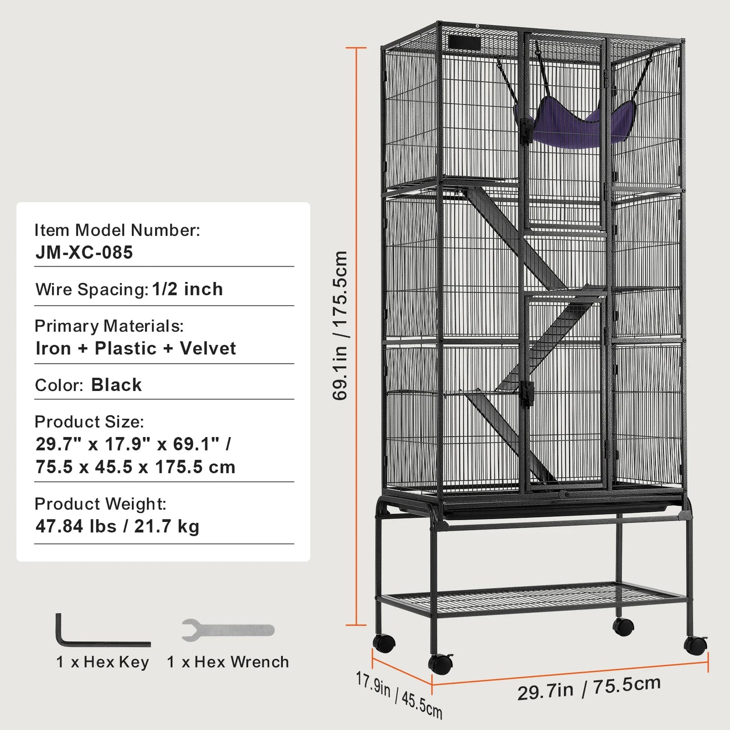 Large 4-Tier Rolling Metal Cage for Ferrets, Rats, Guinea Pigs & Small Animals – 64.6"