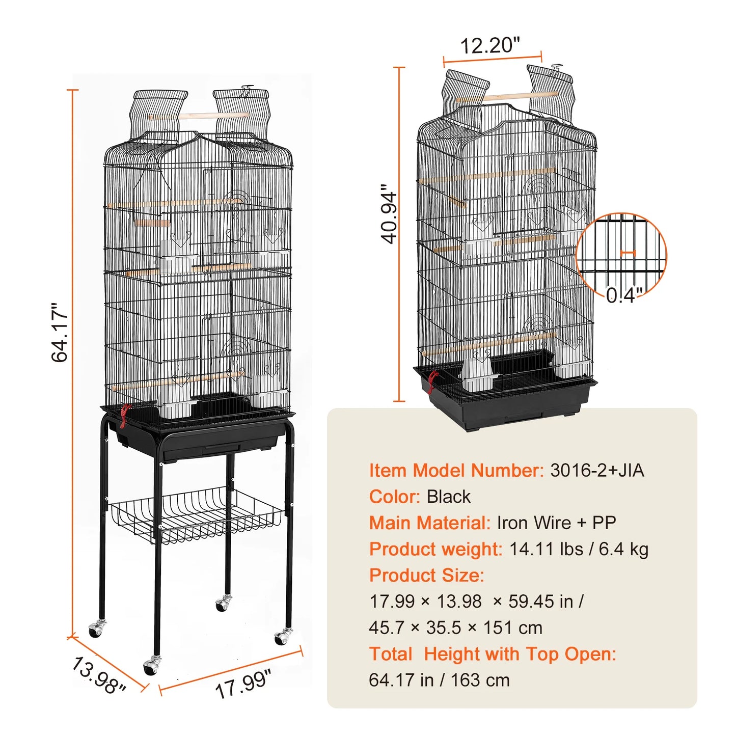 Large Open-Top Parrot Bird Cage with Swing & Perch