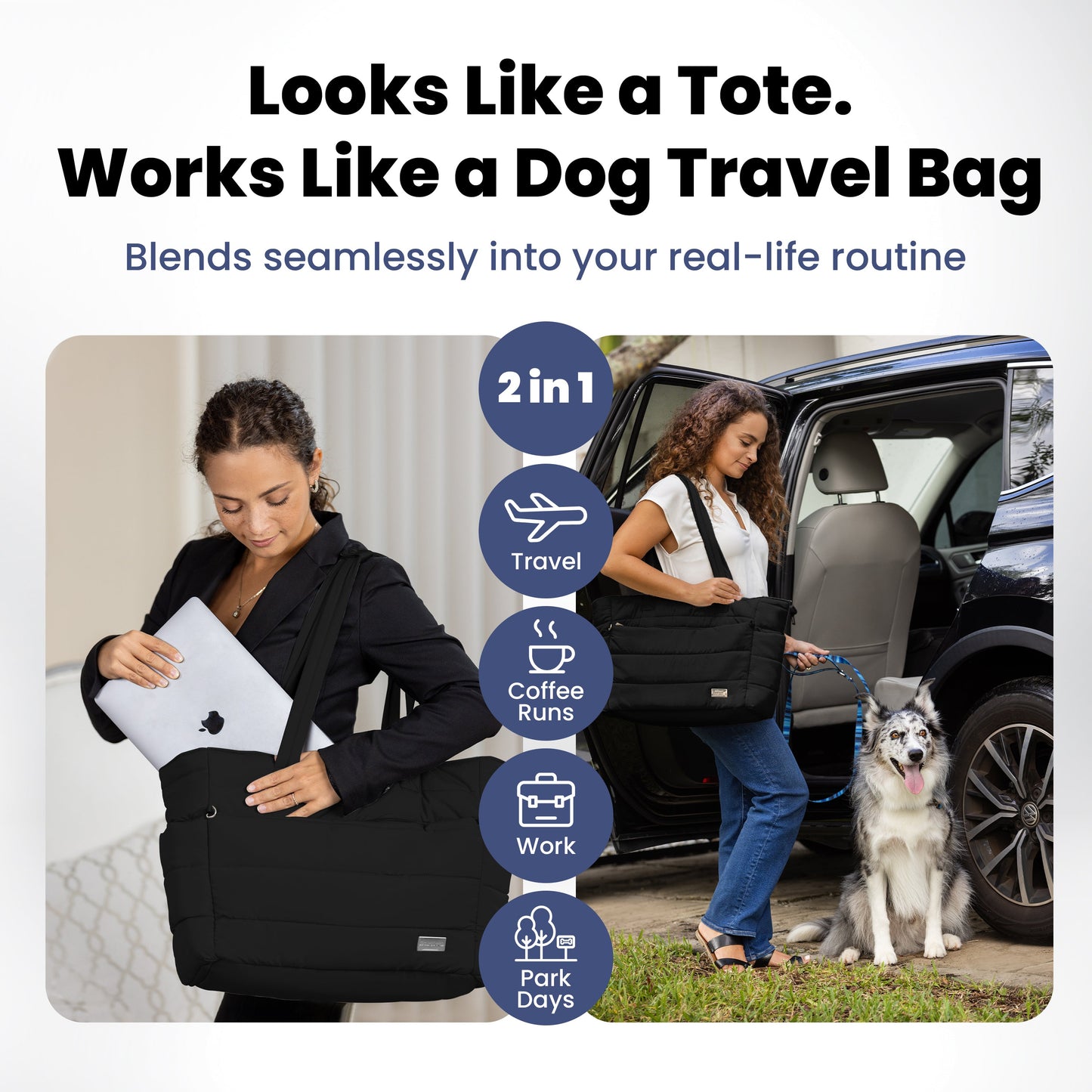 Puffer Dog Travel Bag for Dog Moms – Stylish Quilted Nylon Tote with Collapsible Bowls & Organizer Pockets