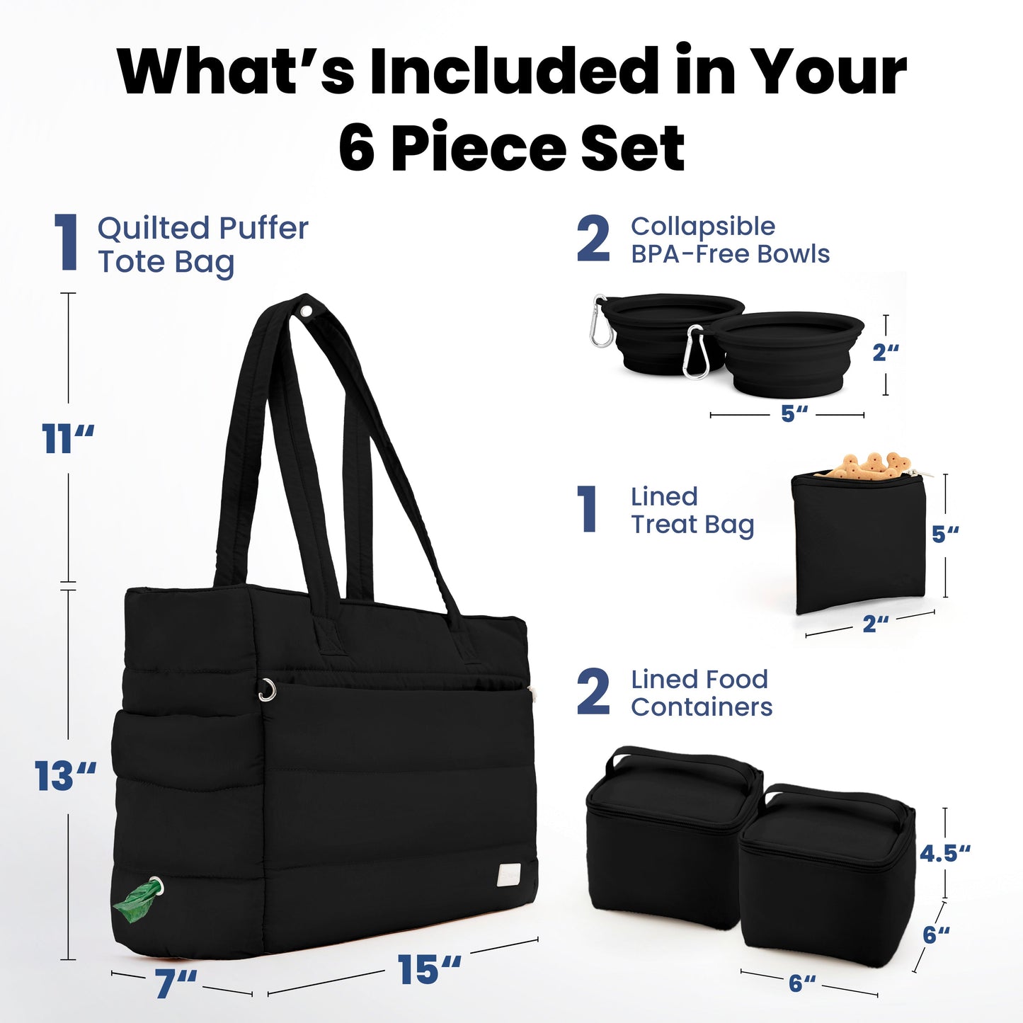 Puffer Dog Travel Bag for Dog Moms – Stylish Quilted Nylon Tote with Collapsible Bowls & Organizer Pockets