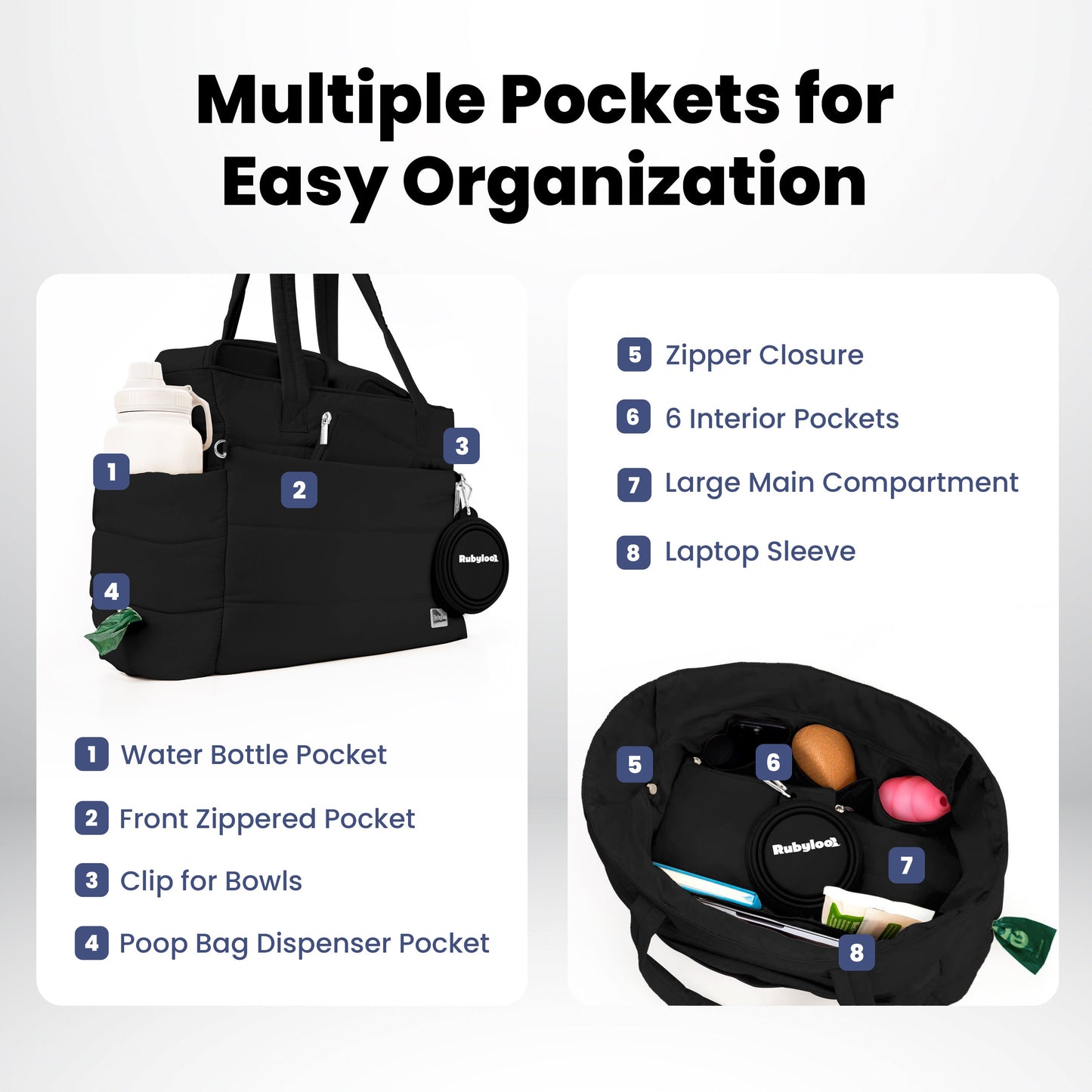 Puffer Dog Travel Bag for Dog Moms – Stylish Quilted Nylon Tote with Collapsible Bowls & Organizer Pockets