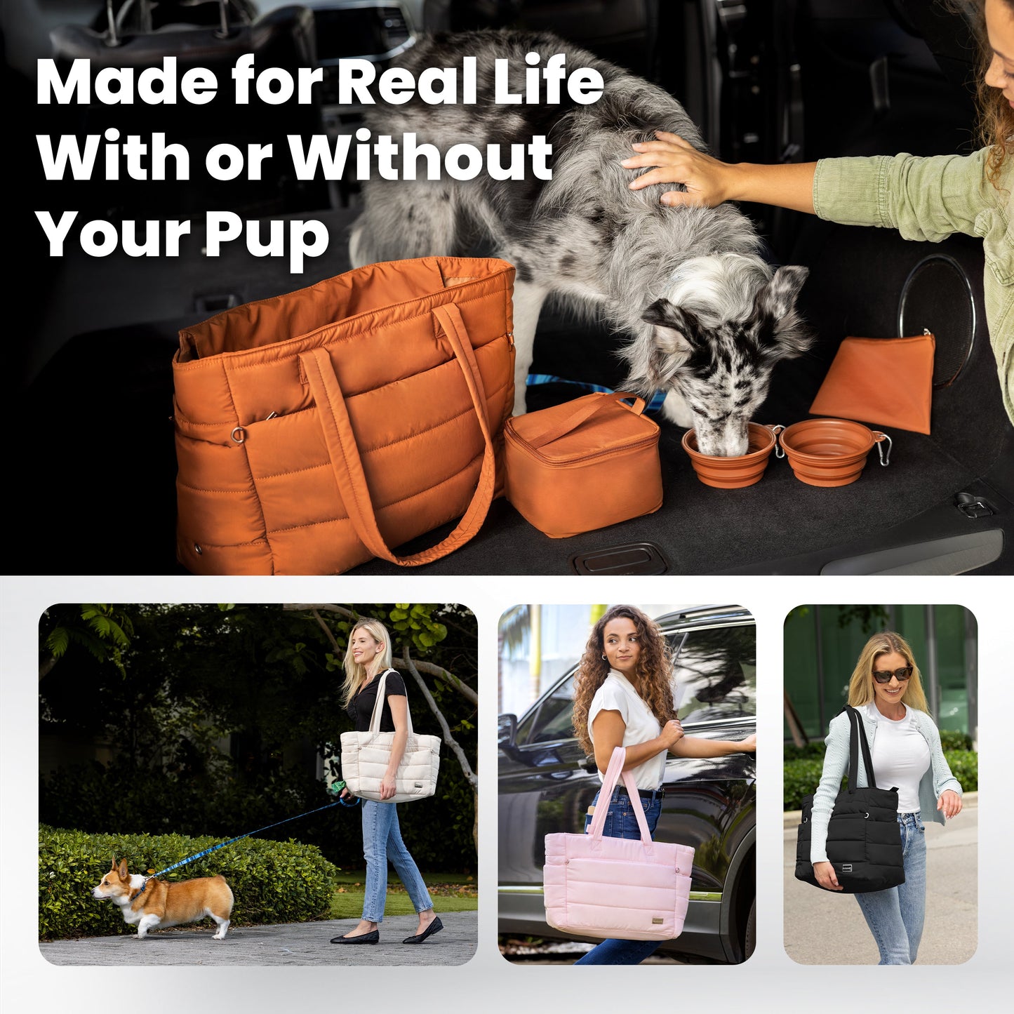 Puffer Dog Travel Bag for Dog Moms – Stylish Quilted Nylon Tote with Collapsible Bowls & Organizer Pockets