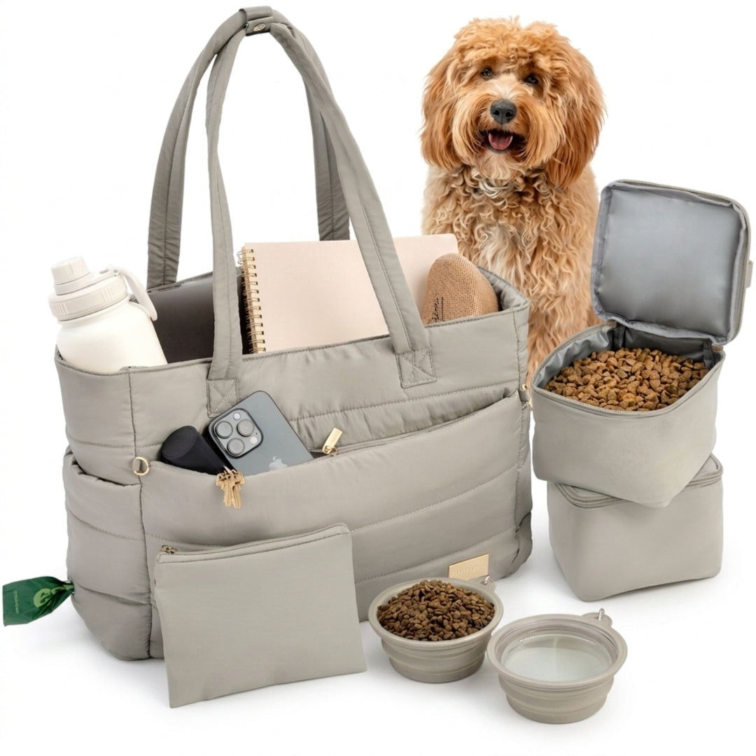 Puffer Dog Travel Bag for Dog Moms – Stylish Quilted Nylon Tote with Collapsible Bowls & Organizer Pockets