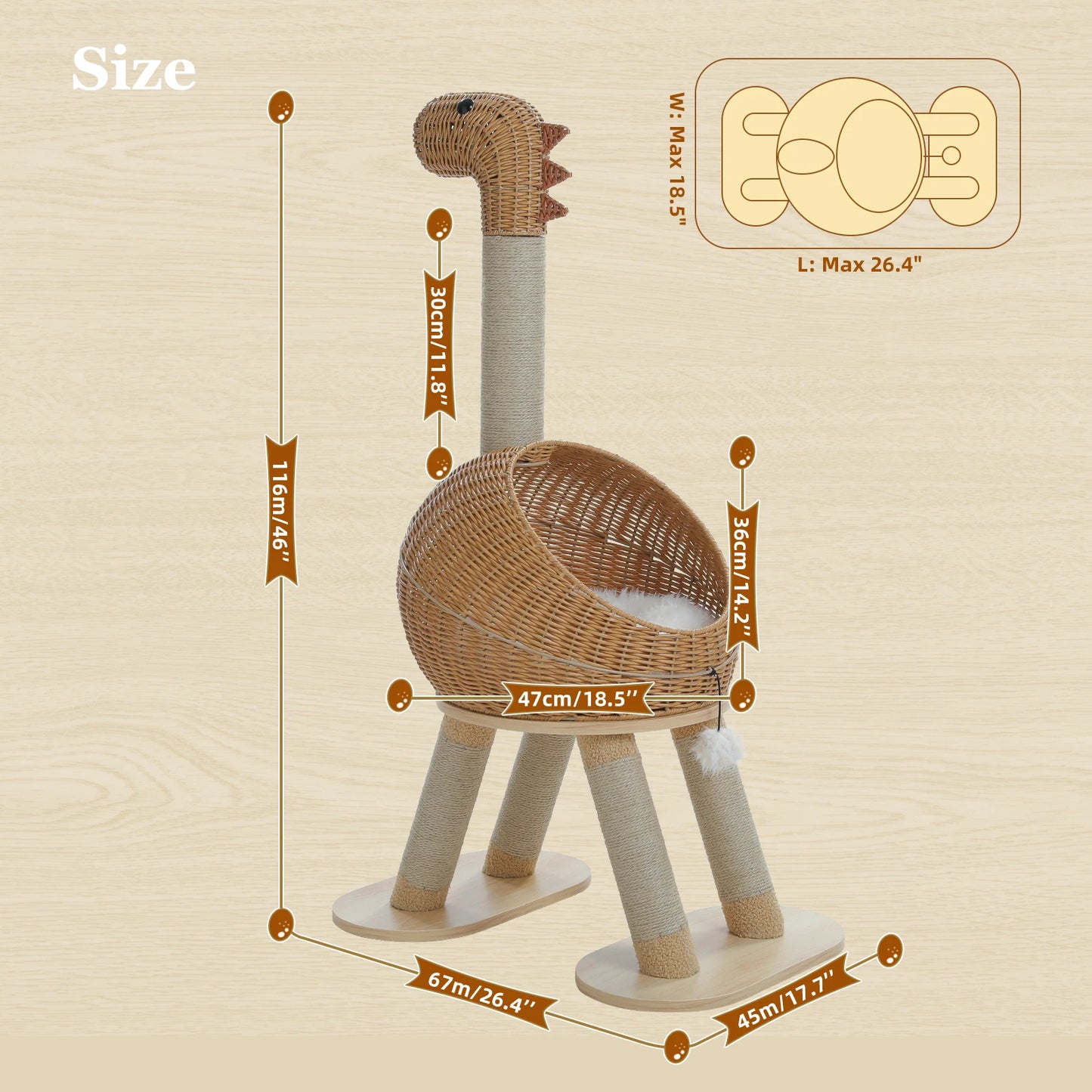 Dinosaur Cat Tree Tower with Rattan Condo & Toys