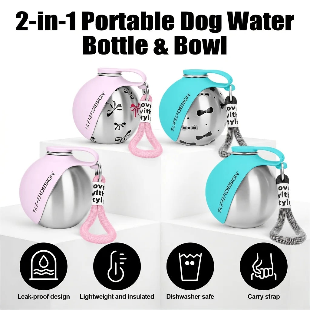 Portable Stainless Steel Pet Travel Water Bottle with Bowl