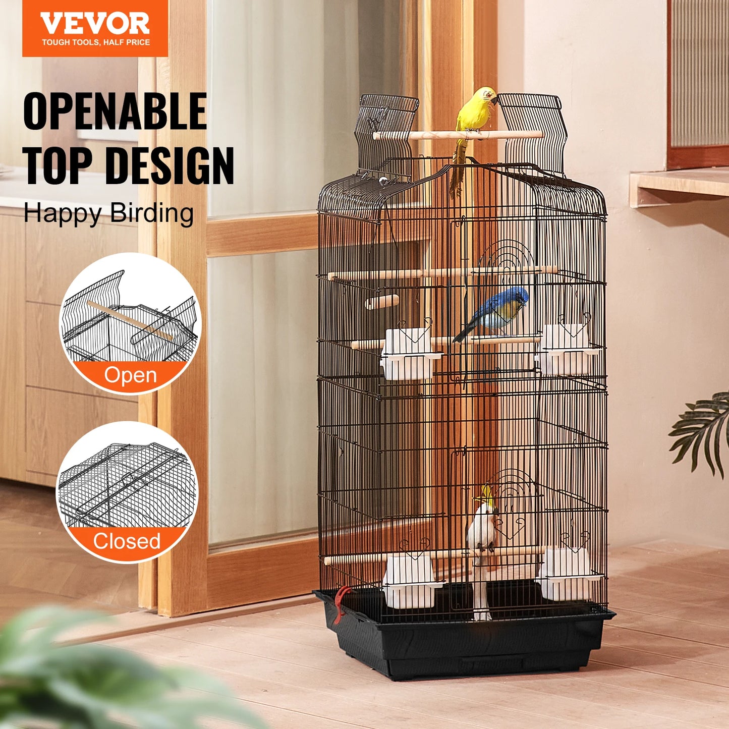 Large Open-Top Parrot Bird Cage with Swing & Perch
