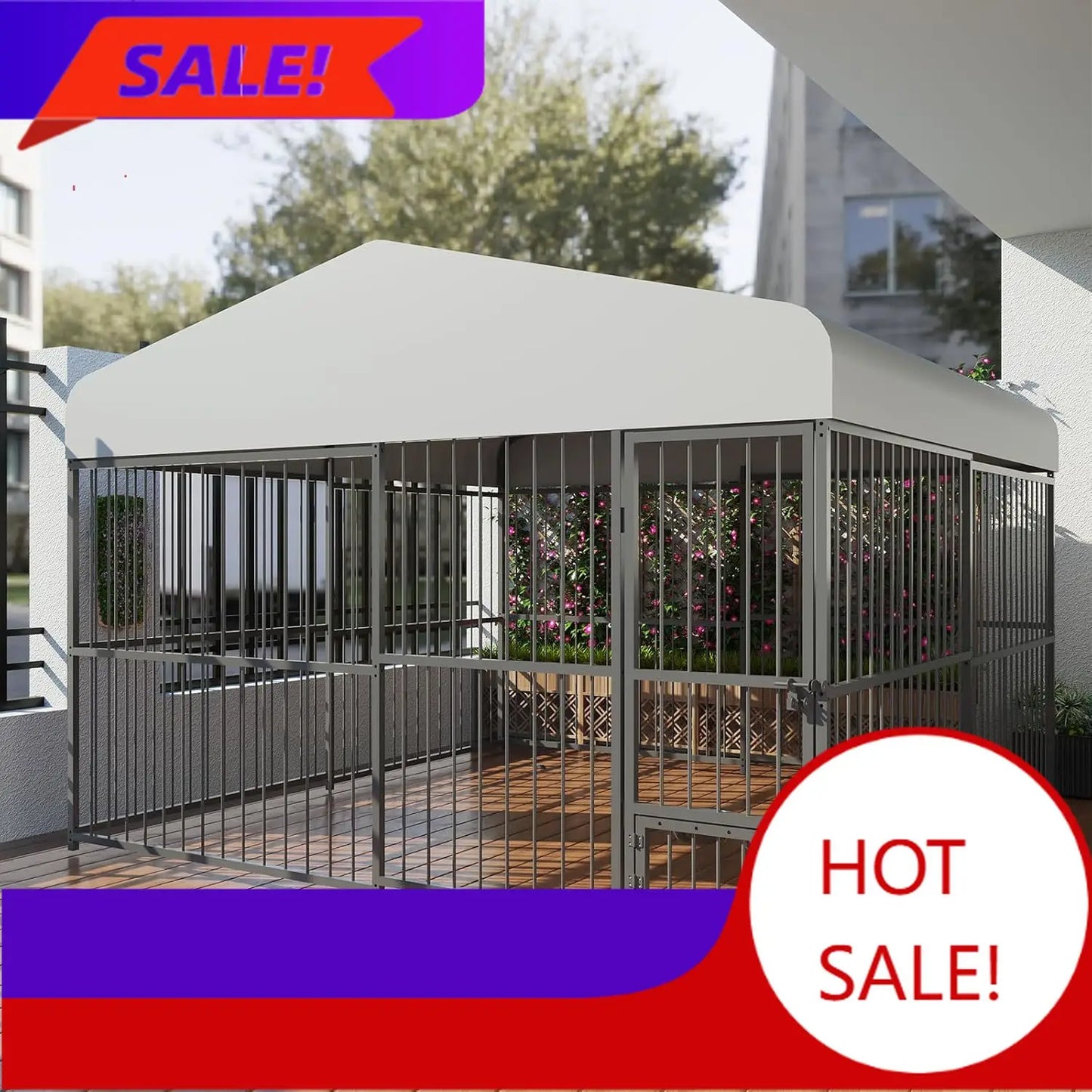 Heavy-Duty Outdoor Dog Kennel with Roof & Lock – 10x10x6 FT Galvanized Steel Dog Enclosure for Large Dogs