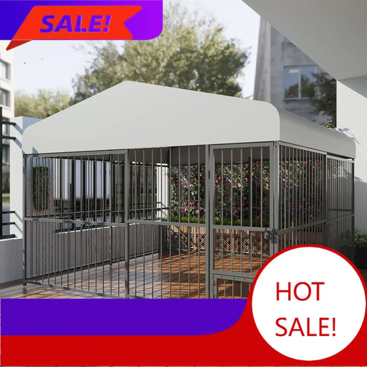 Heavy-Duty Outdoor Dog Kennel with Roof & Lock – 10x10x6 FT Galvanized Steel Dog Enclosure for Large Dogs