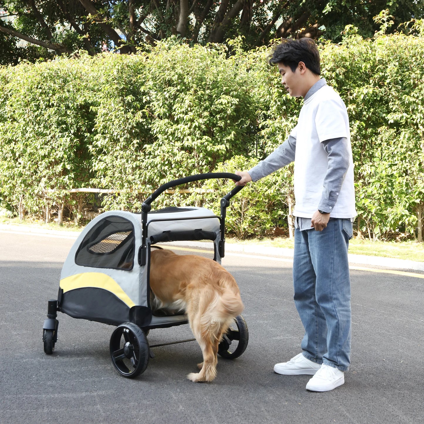 Foldable Large Dog Stroller with Breathable Carrier