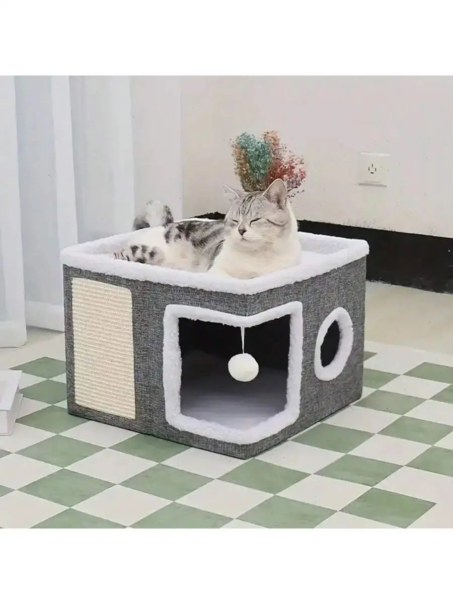4-Season Multi-Level Foldable Cat House with Tunnel & Scratching Board