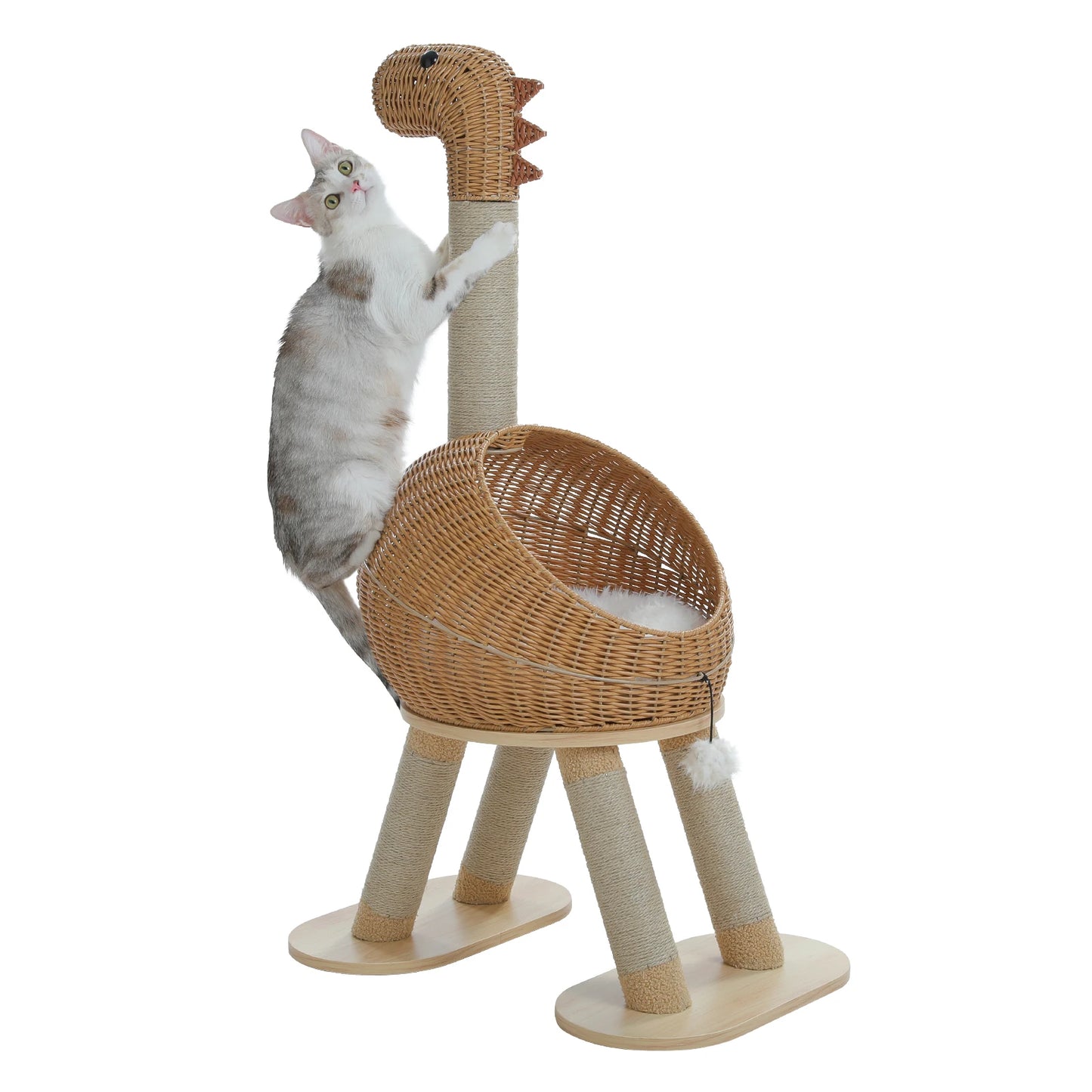 Dinosaur Cat Tree Tower with Rattan Condo & Toys