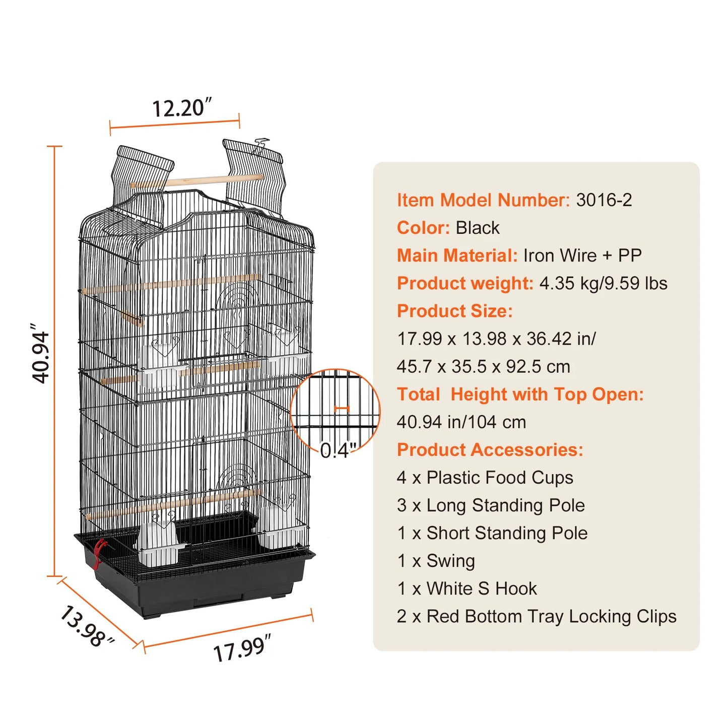 Large Open-Top Parrot Bird Cage with Swing & Perch