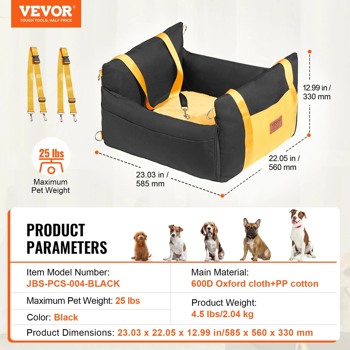 Waterproof Dog Car Booster Seat – PP Cotton Pet Car Bed with Clip-On Safety Leash for Medium & Large Dogs