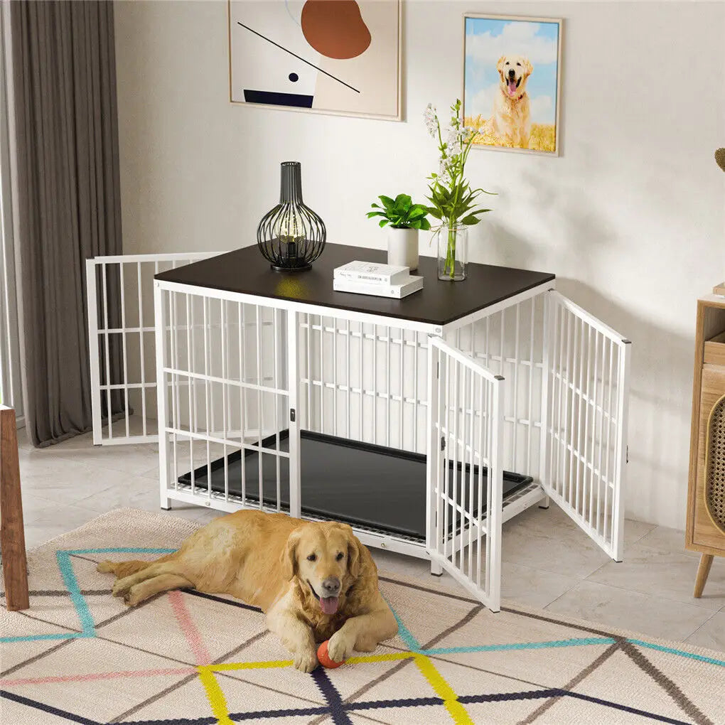 Furniture-Style Dog Crate – Heavy Duty Metal & Wood Kennel with 3 Doors