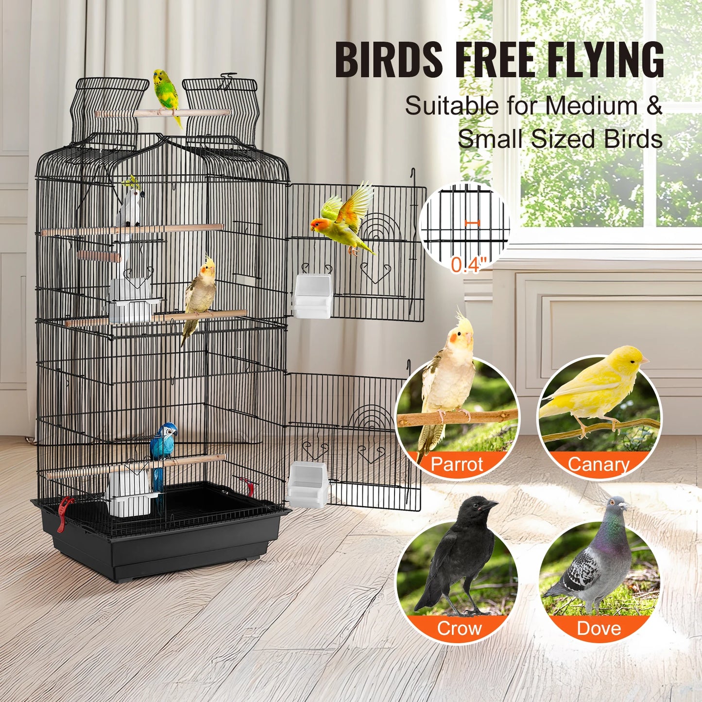 Large Open-Top Parrot Bird Cage with Swing & Perch