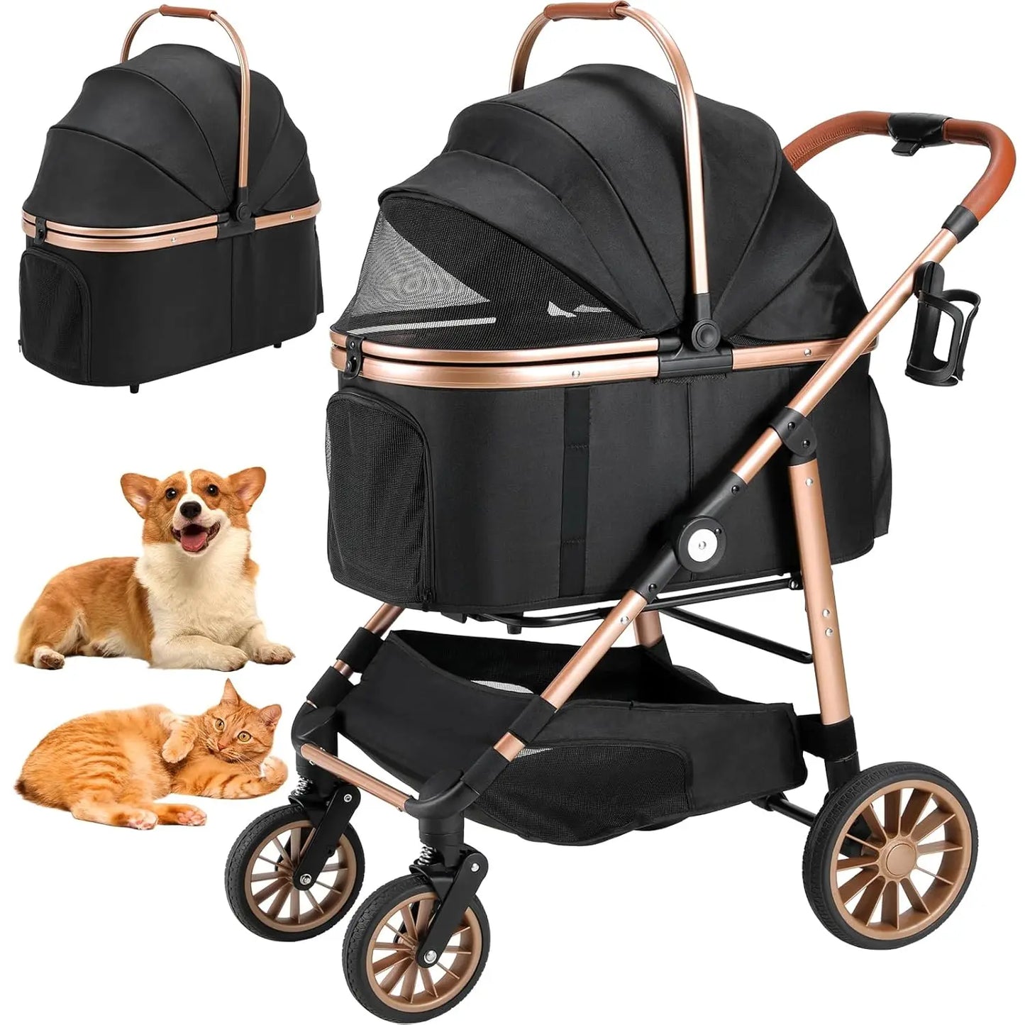 Foldable 2-in-1 Pet Stroller with Car Attachment