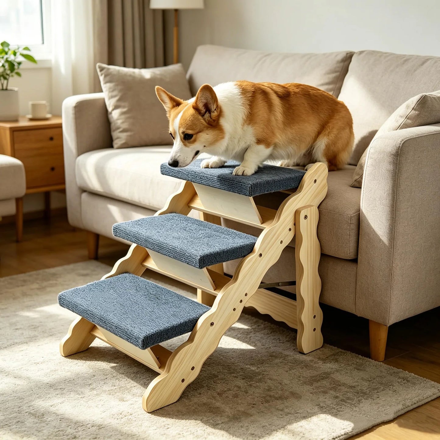 2-in-1 Wooden Pet Stairs & Folding Dog Ramp – Anti-Slip 3 or 4 Step Ladder for Dogs & Cats, Supports Up to 150 lbs