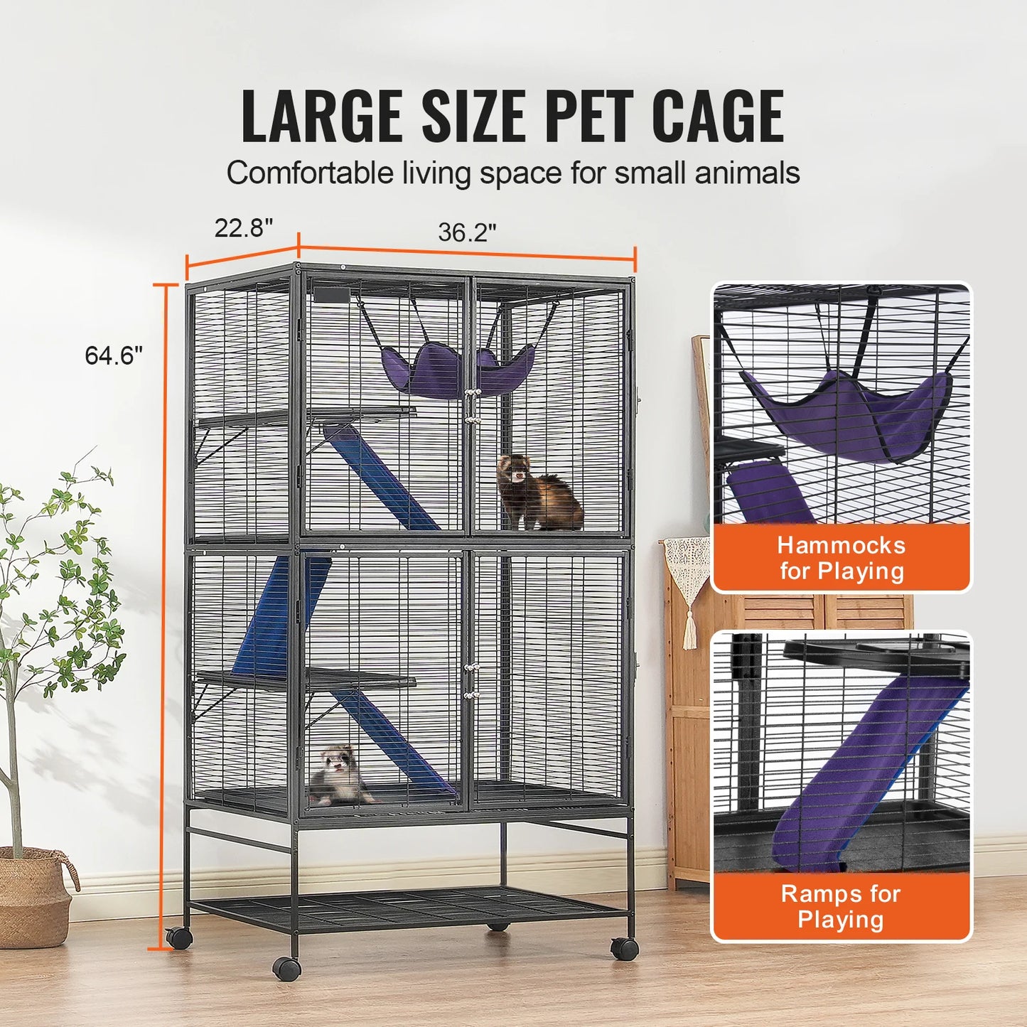 Large 4-Tier Rolling Metal Cage for Ferrets, Rats, Guinea Pigs & Small Animals – 64.6"