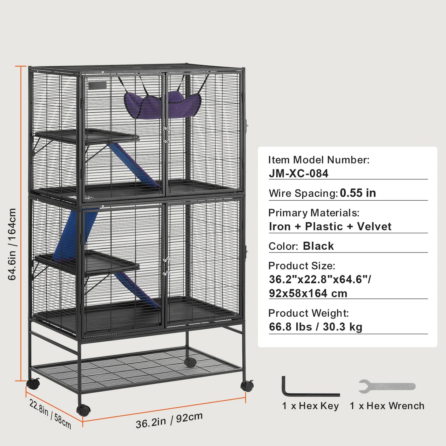 Large 4-Tier Rolling Metal Cage for Ferrets, Rats, Guinea Pigs & Small Animals – 64.6"