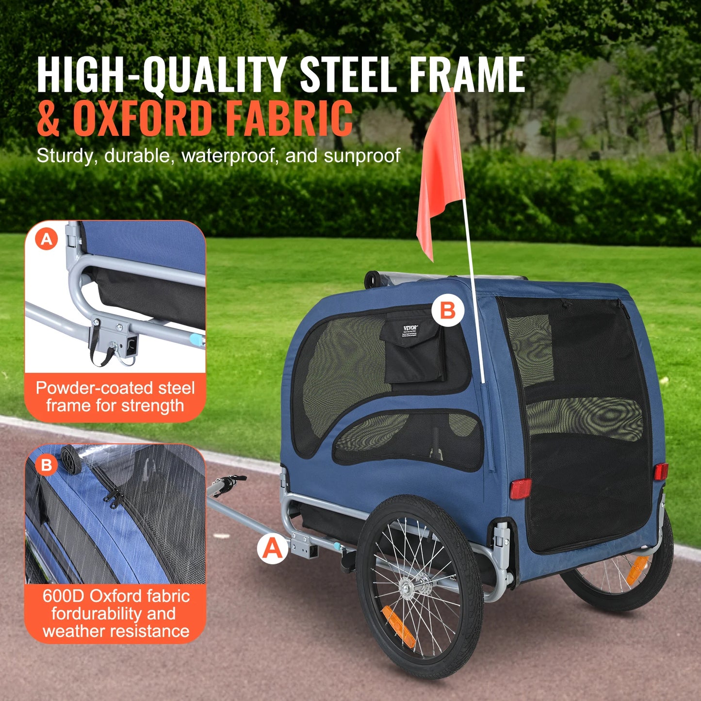 Dog Bike Trailer with Coupler, Reflectors & Safety Flag – Collapsible Pet Bicycle Carrier for Dogs Up to 100 lbs