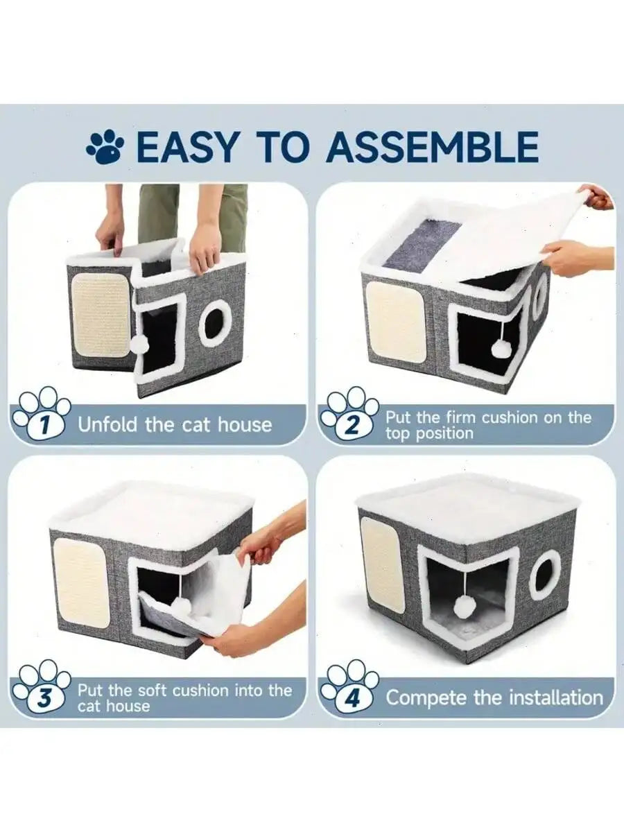 4-Season Multi-Level Foldable Cat House with Tunnel & Scratching Board