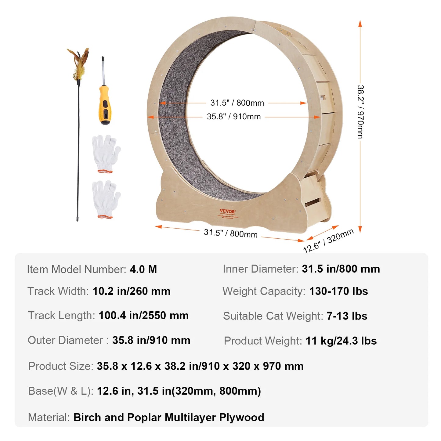 Cat Exercise Wheel – Silent Running Treadmill with Natural Wood & Detachable Carpet