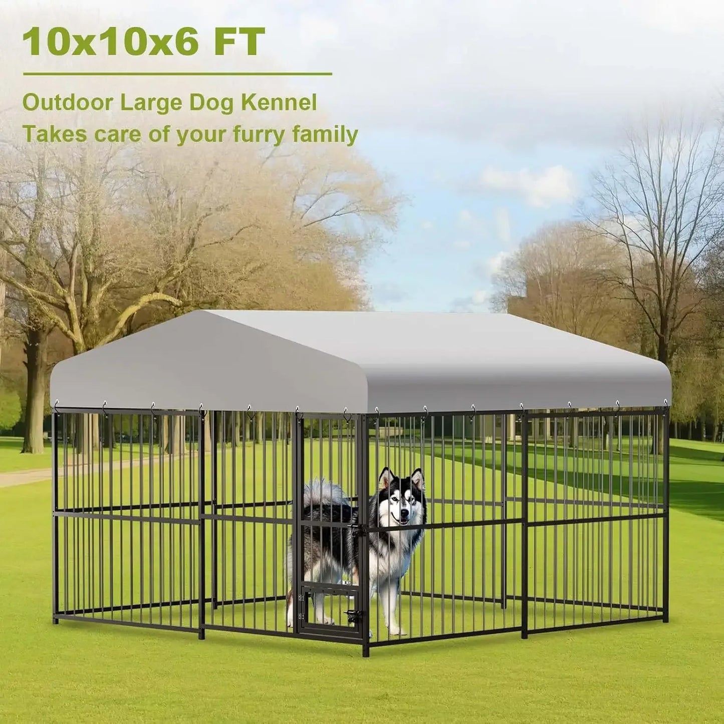 Heavy-Duty Outdoor Dog Kennel with Roof & Lock – 10x10x6 FT Galvanized Steel Dog Enclosure for Large Dogs