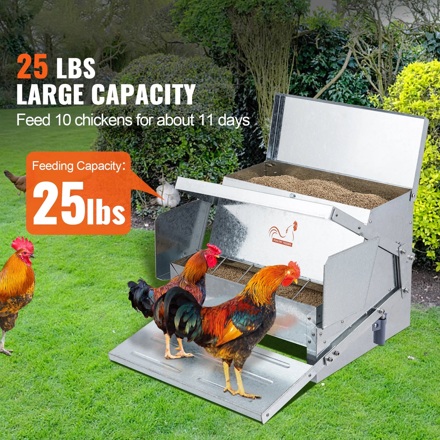 Automatic Treadle Chicken Feeder – 25 lb Capacity, Weatherproof Galvanized Steel