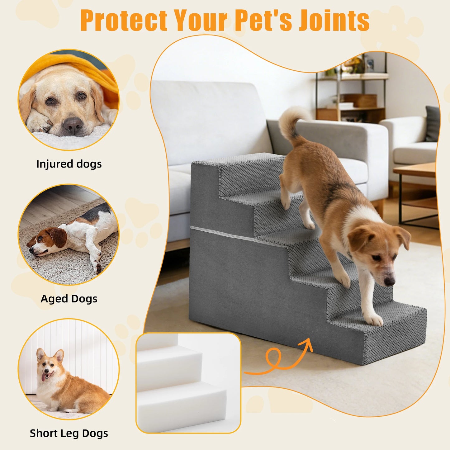 Foam Dog Stairs for Small Dogs – Non-Slip Indoor Pet Steps for Beds, Sofas & Couches, 3, 4 or 5 Step