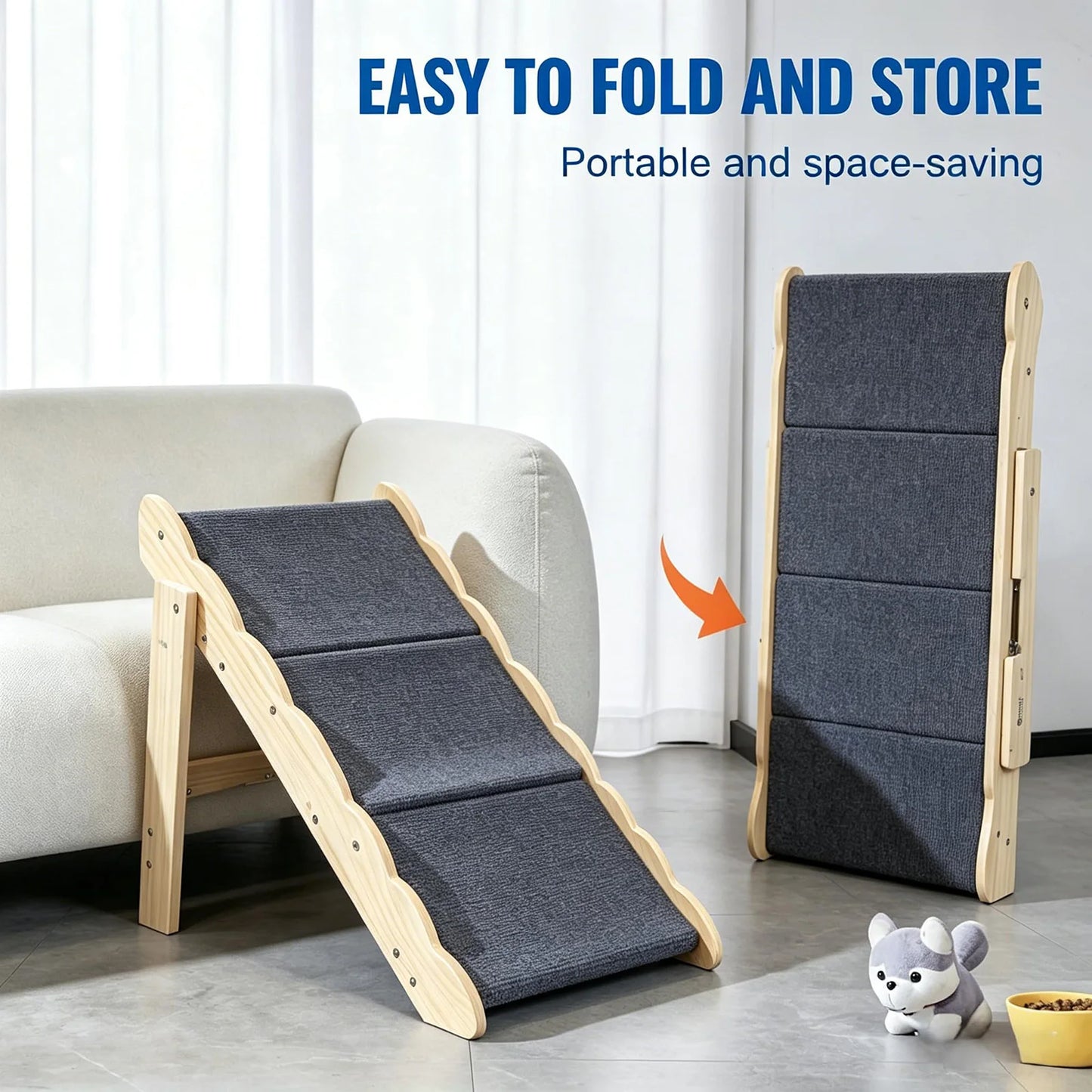 2-in-1 Wooden Pet Stairs & Folding Dog Ramp – Anti-Slip 3 or 4 Step Ladder for Dogs & Cats, Supports Up to 150 lbs