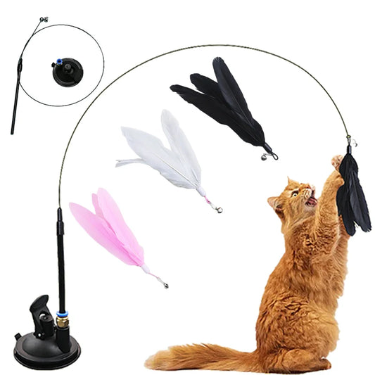 Hands-Free Suction Cup Cat Feather Wand Toy