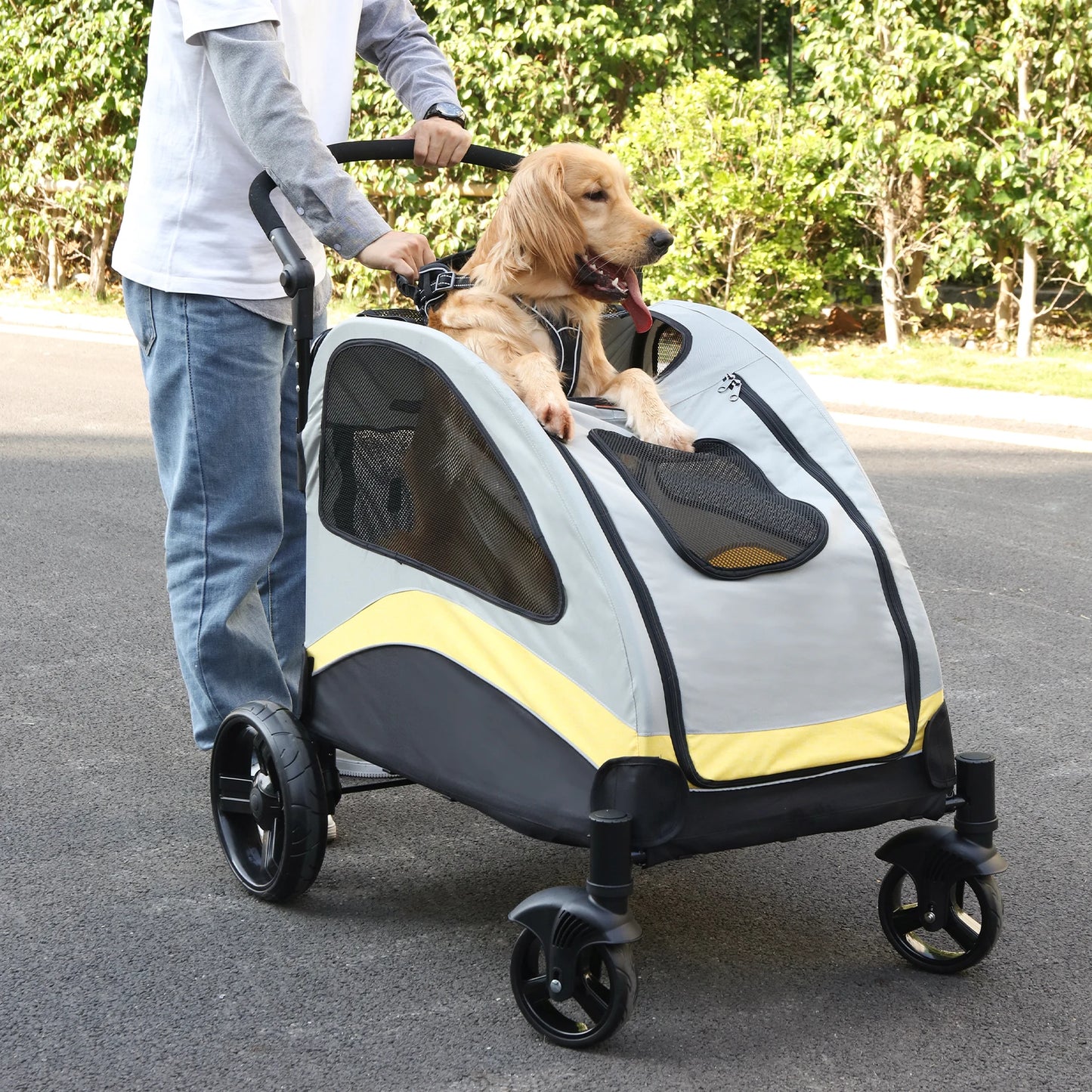 Foldable Large Dog Stroller with Breathable Carrier