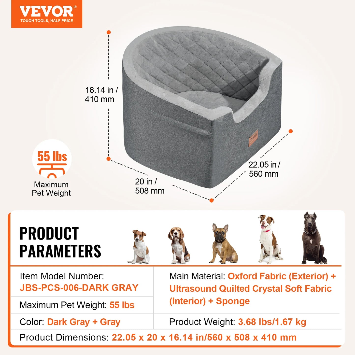Waterproof Dog Car Booster Seat – PP Cotton Pet Car Bed with Clip-On Safety Leash for Medium & Large Dogs