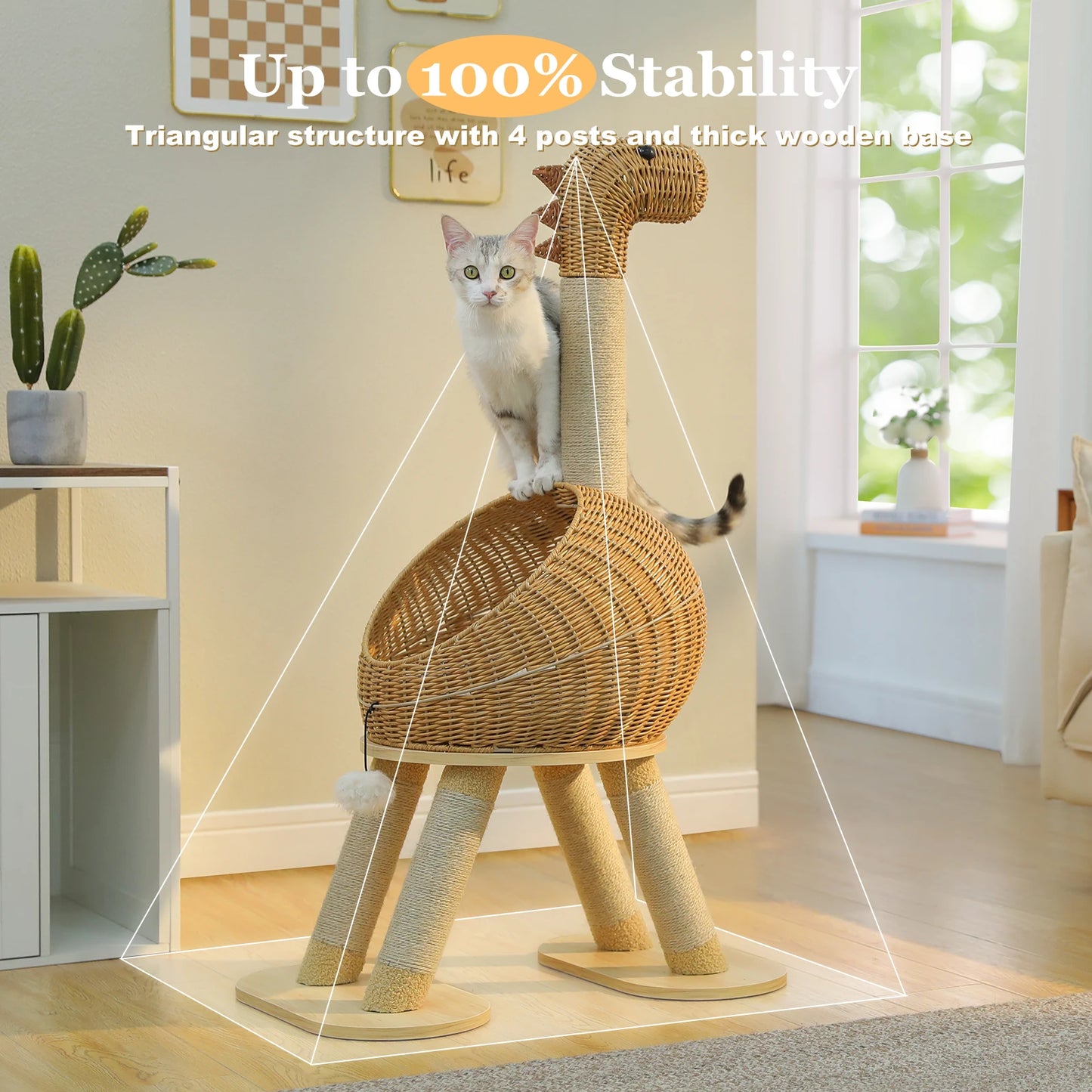 Dinosaur Cat Tree Tower with Rattan Condo & Toys