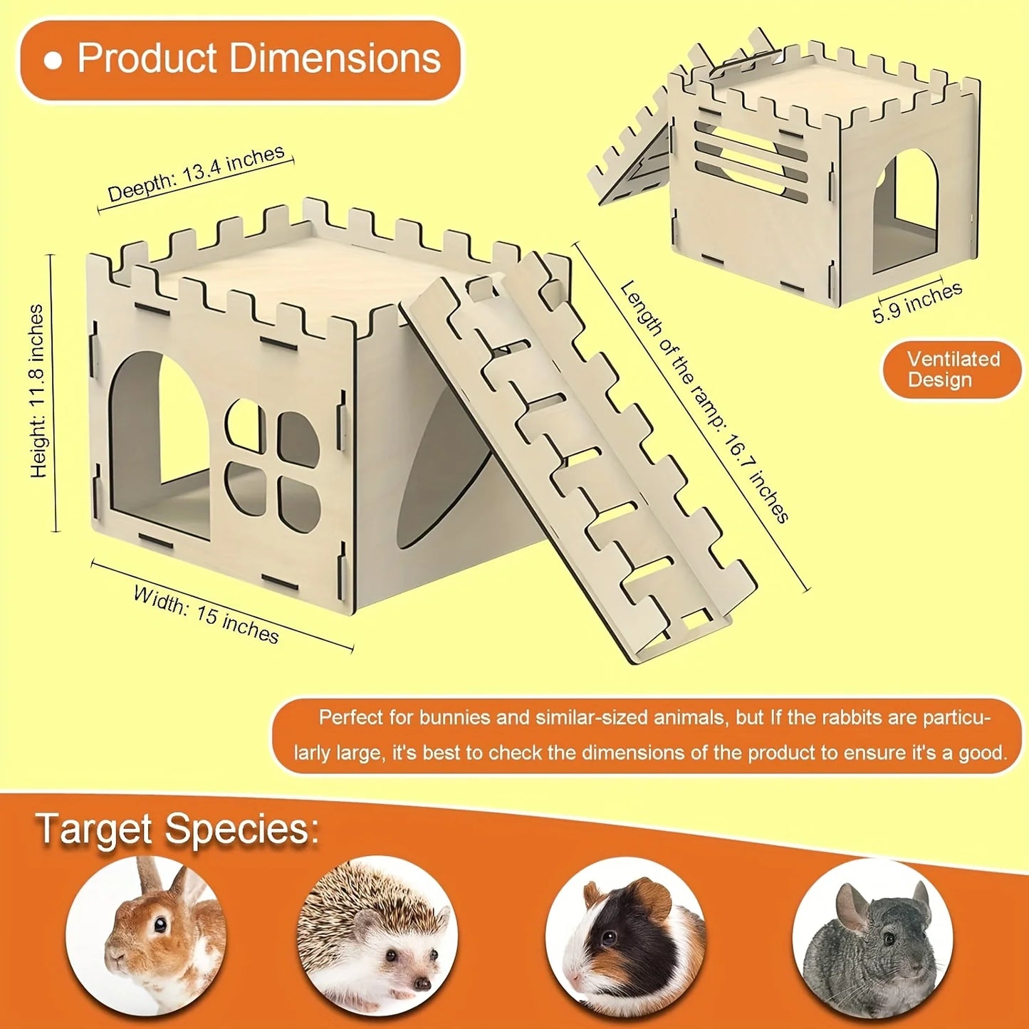 Wooden Rabbit Castle & Small Animal Hideout – Guinea Pig, Hedgehog & Hamster Toy