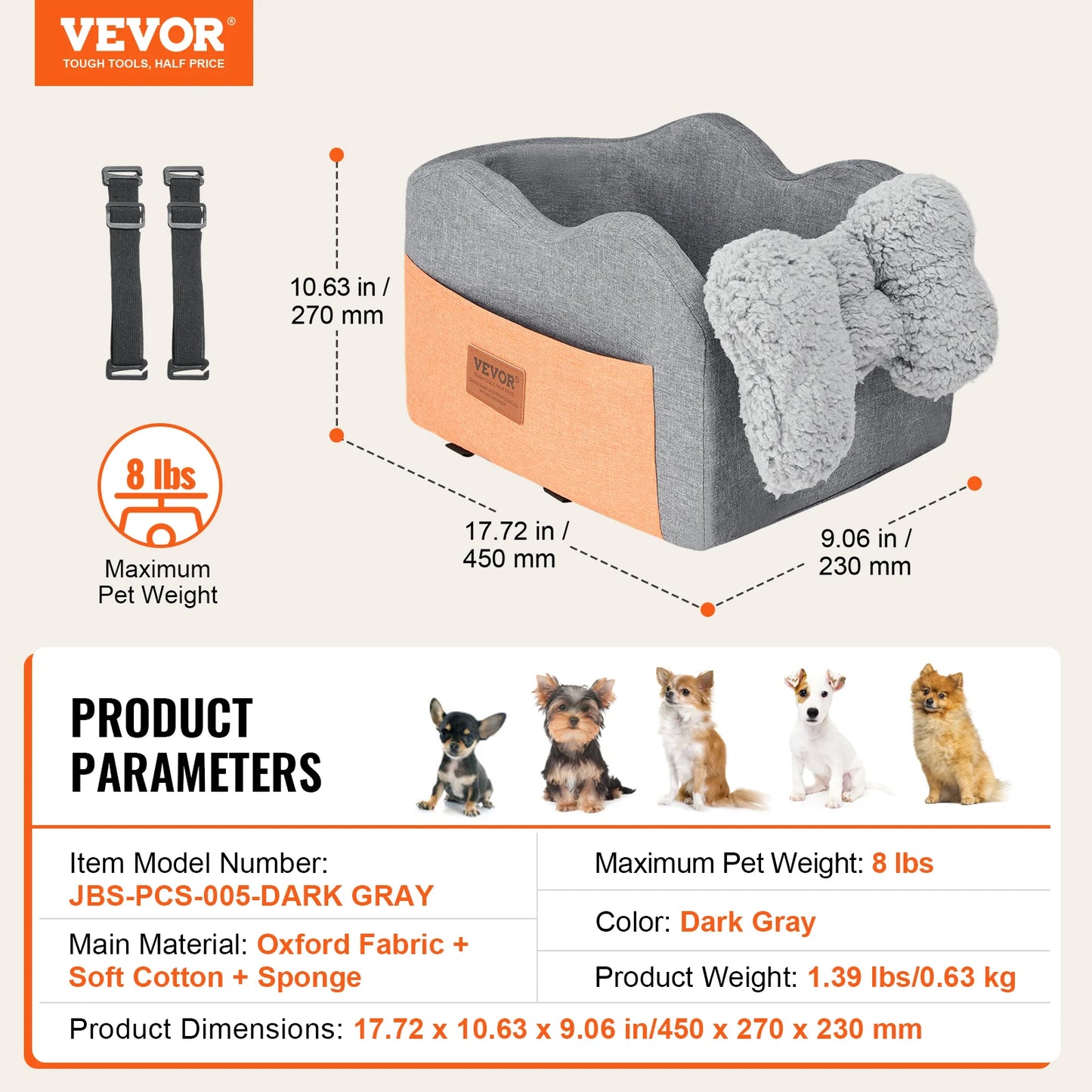 Waterproof Dog Car Booster Seat – PP Cotton Pet Car Bed with Clip-On Safety Leash for Medium & Large Dogs