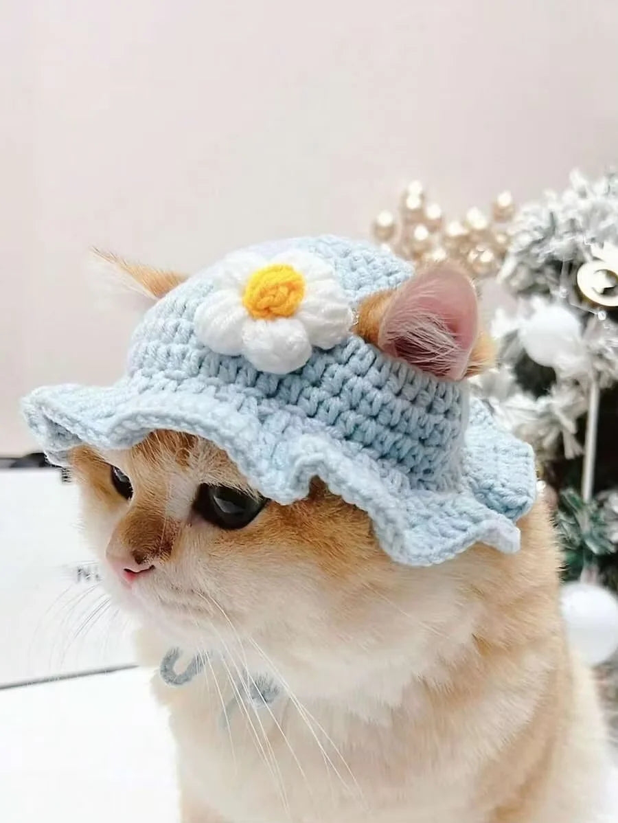 Knitted Pet Hat with Floral Trim – Cozy Beanie for Cats & Small Dogs
