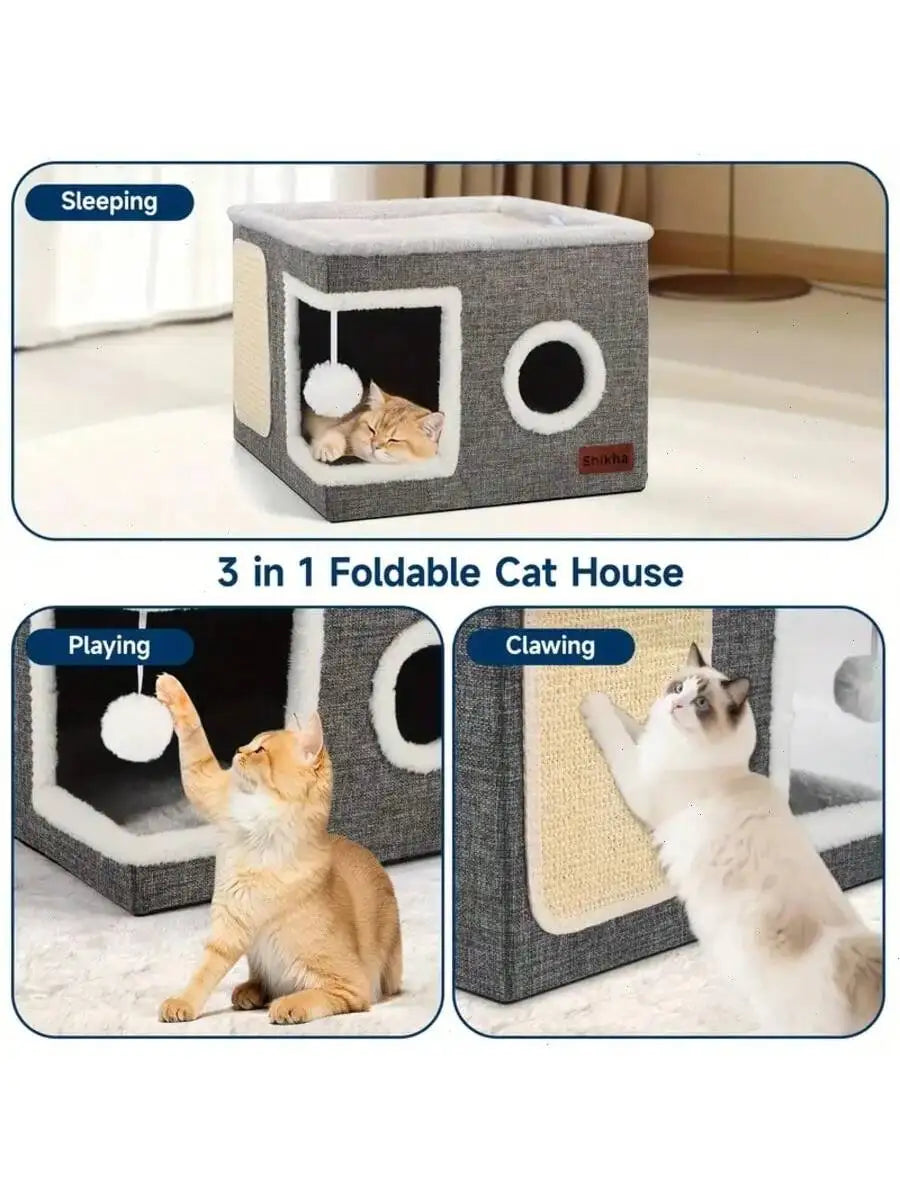 4-Season Multi-Level Foldable Cat House with Tunnel & Scratching Board