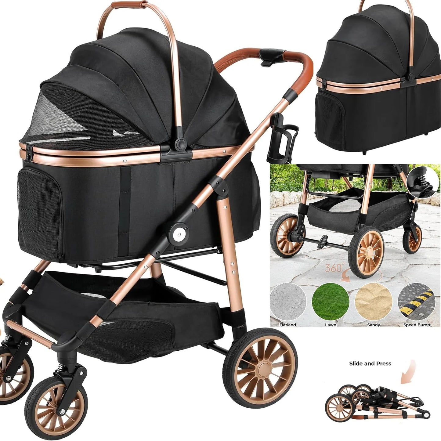Foldable 2-in-1 Pet Stroller with Car Attachment
