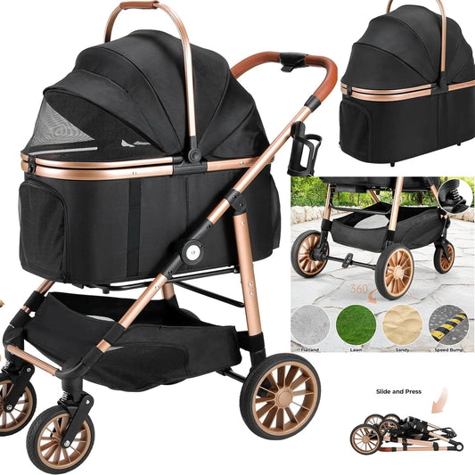 Foldable 2-in-1 Pet Stroller with Car Attachment