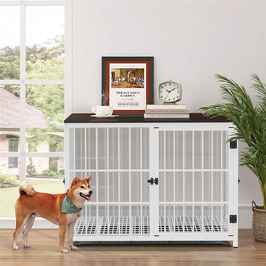 Furniture-Style Dog Crate – Heavy Duty Metal & Wood Kennel with 3 Doors