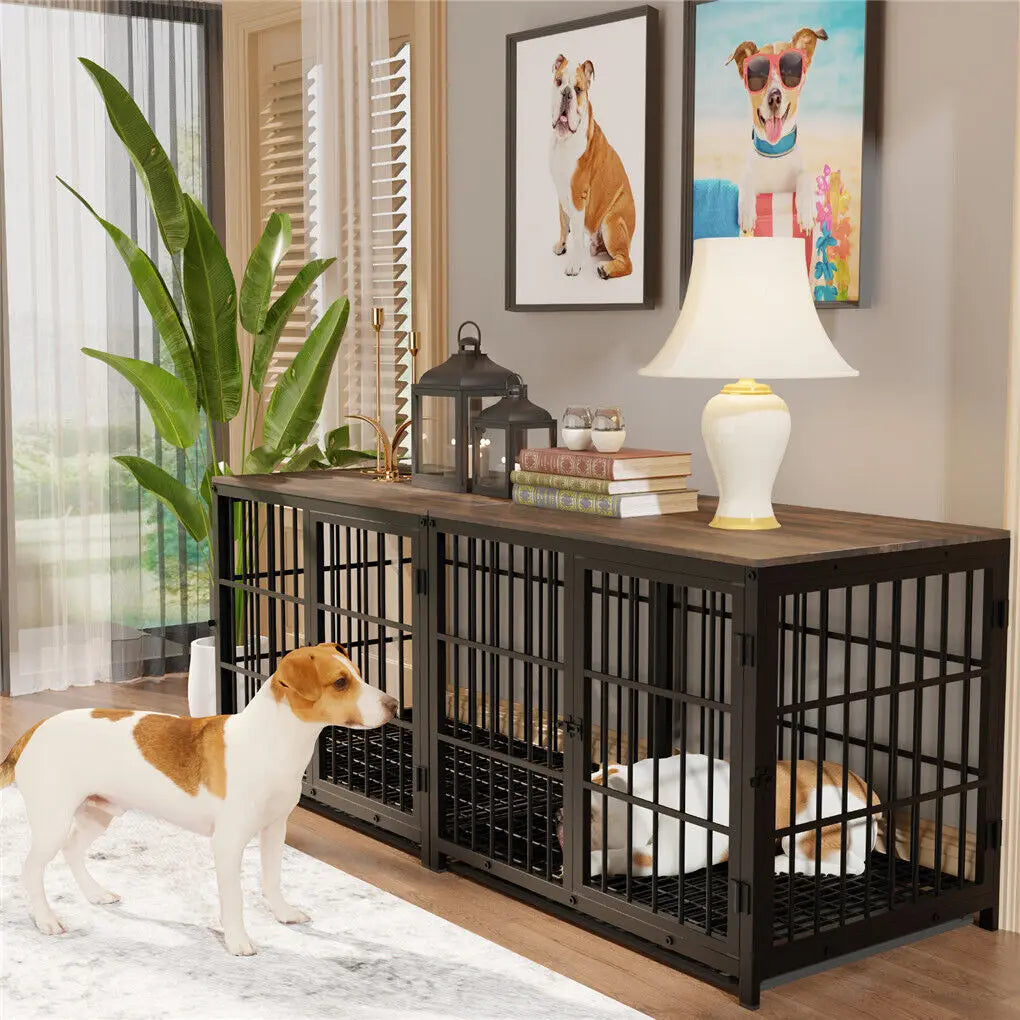 Furniture-Style Dog Crate – Heavy Duty Metal & Wood Kennel with 3 Doors
