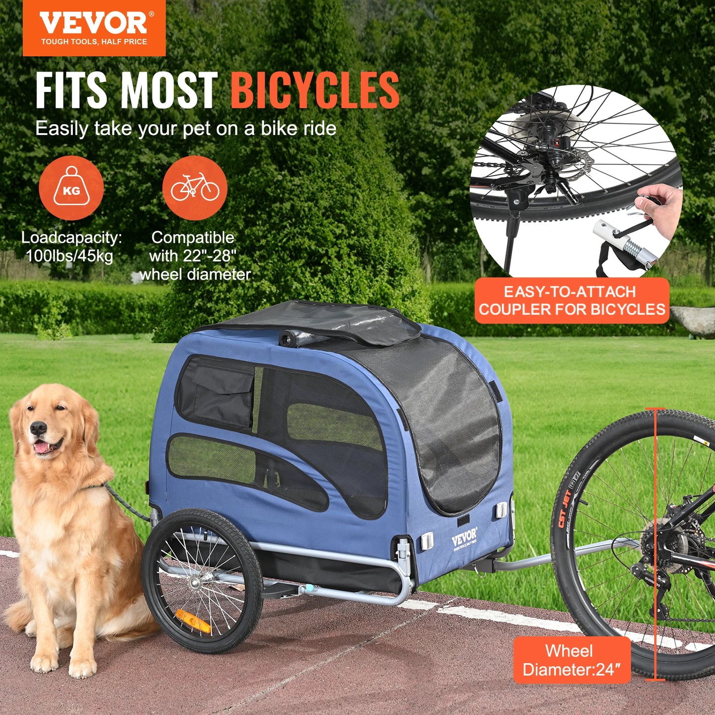 Dog Bike Trailer with Coupler, Reflectors & Safety Flag – Collapsible Pet Bicycle Carrier for Dogs Up to 100 lbs