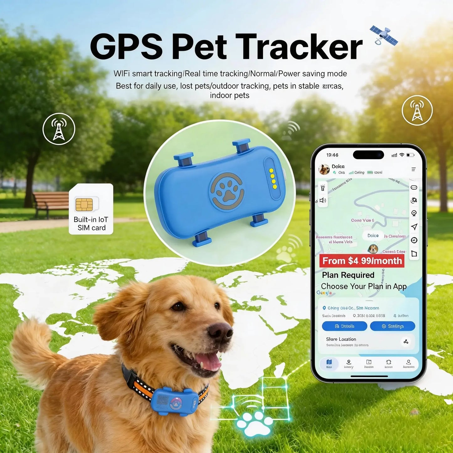 4G GPS Pet Tracker for Dogs & Cats – Real-Time Tracking, Built-In SIM, IP67 Waterproof