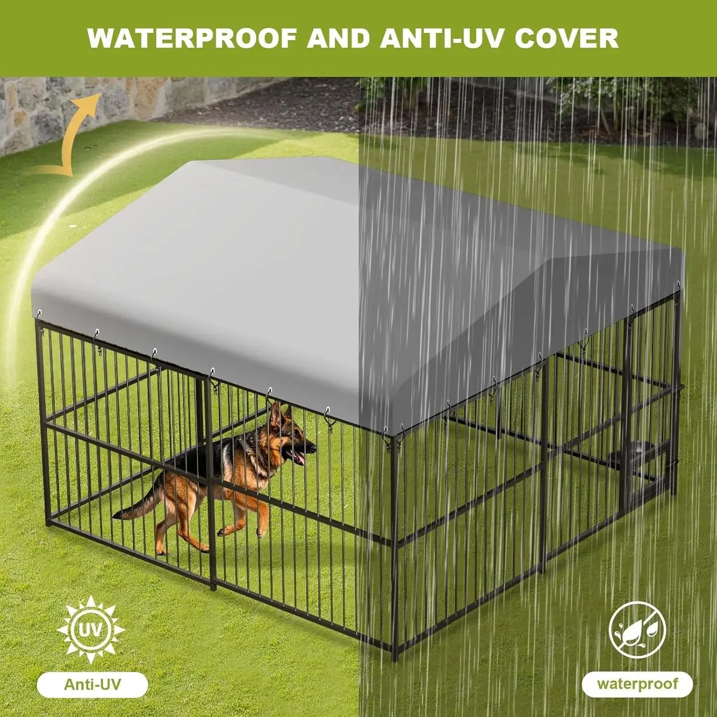 Heavy-Duty Outdoor Dog Kennel with Roof & Lock – 10x10x6 FT Galvanized Steel Dog Enclosure for Large Dogs