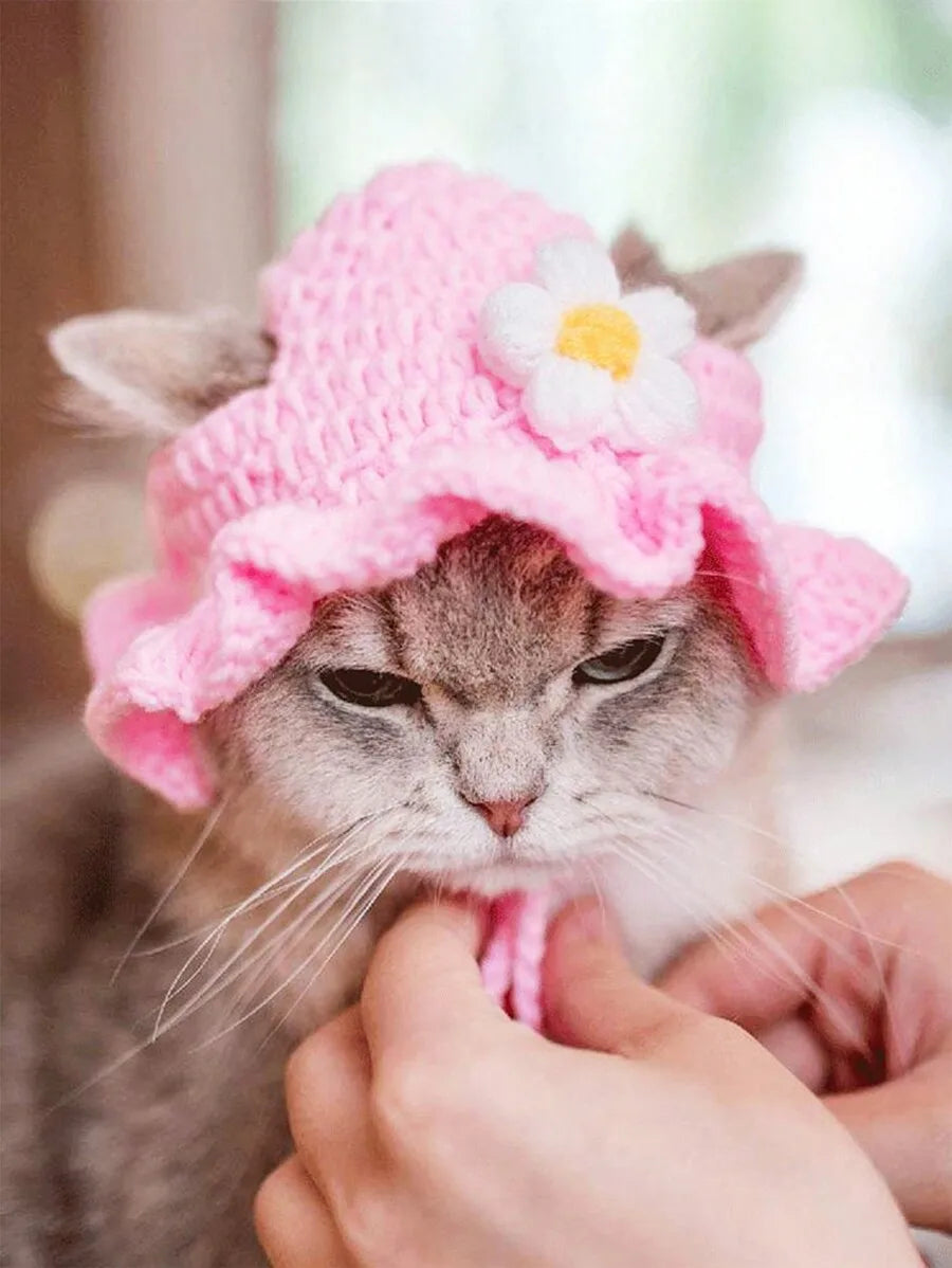 Knitted Pet Hat with Floral Trim – Cozy Beanie for Cats & Small Dogs