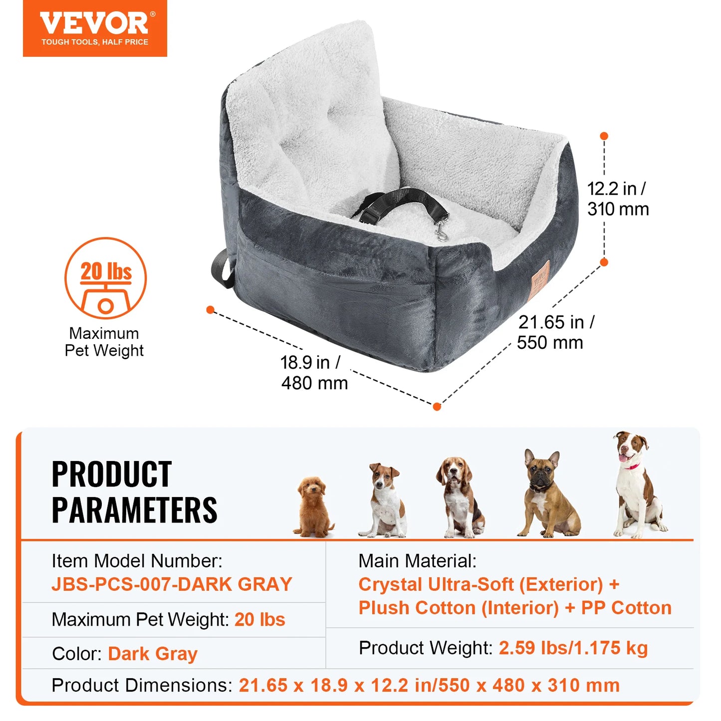 Waterproof Dog Car Booster Seat – PP Cotton Pet Car Bed with Clip-On Safety Leash for Medium & Large Dogs