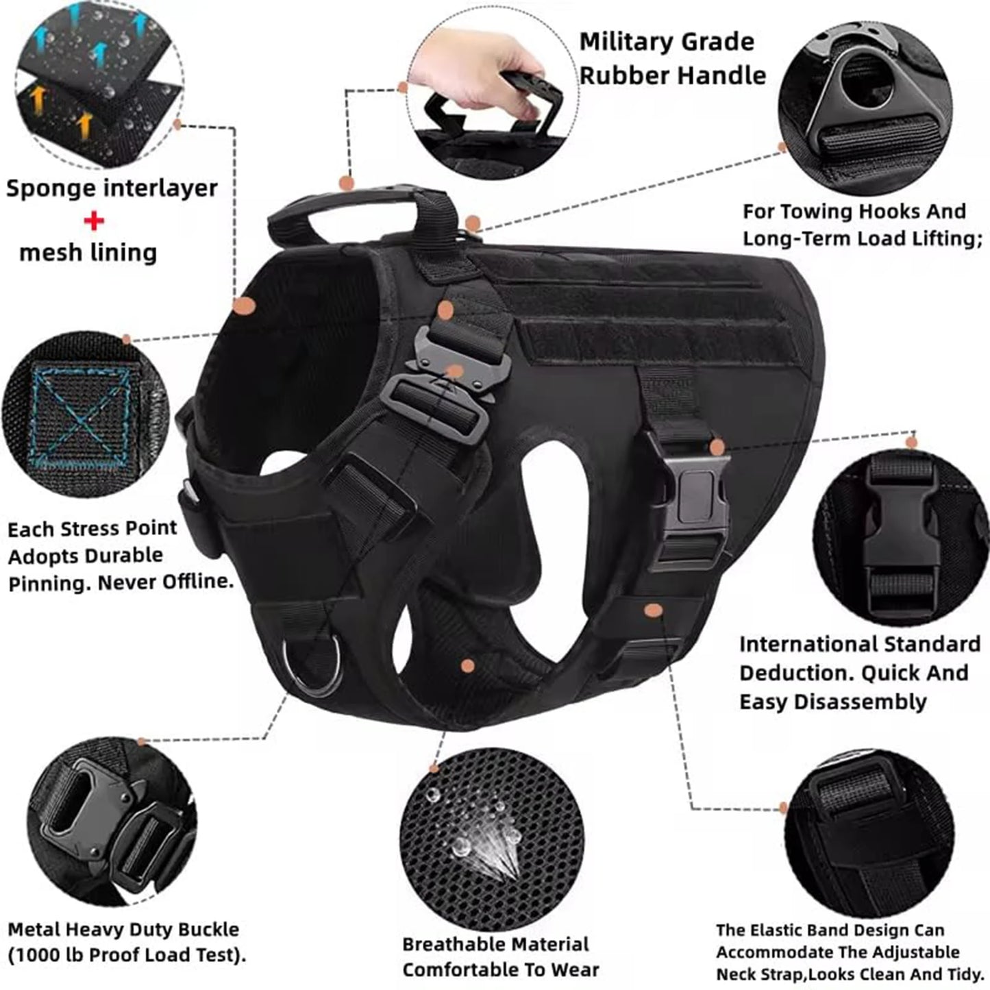 Tactical Dog Harness with Leash & MOLLE Pouches